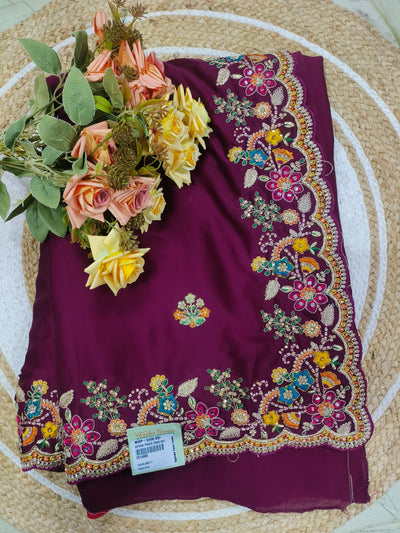 Royal Purple Embroidered Saree with Floral Zari Details