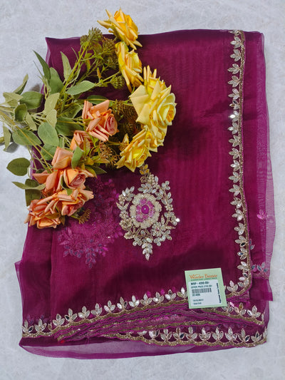 Chic Deep Magenta Saree with Delicate Mirror Work Border