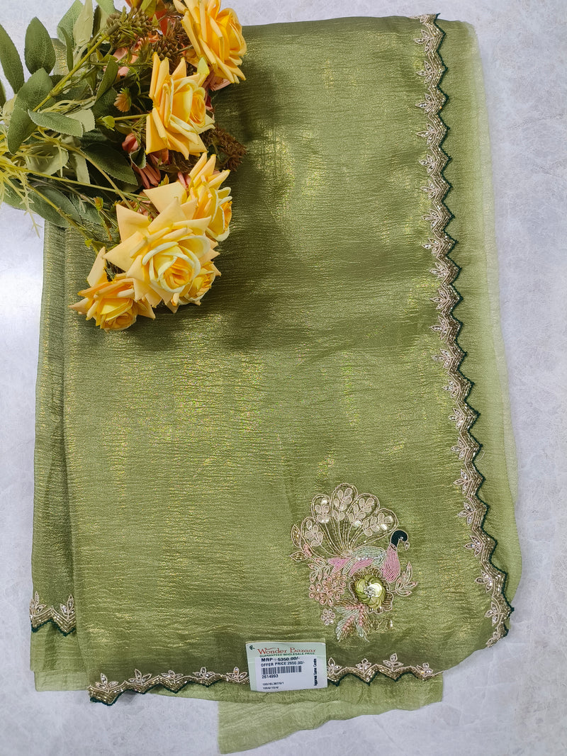 Exquisite Olive Green Shimmer Saree with Peacock Embroidery
