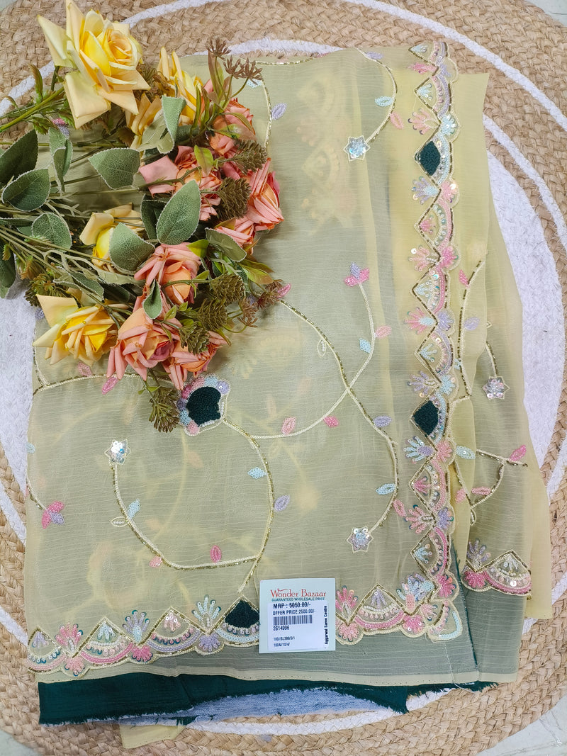 Vibrant Pastel Lemon Saree with Multi-Color Floral Embroidery