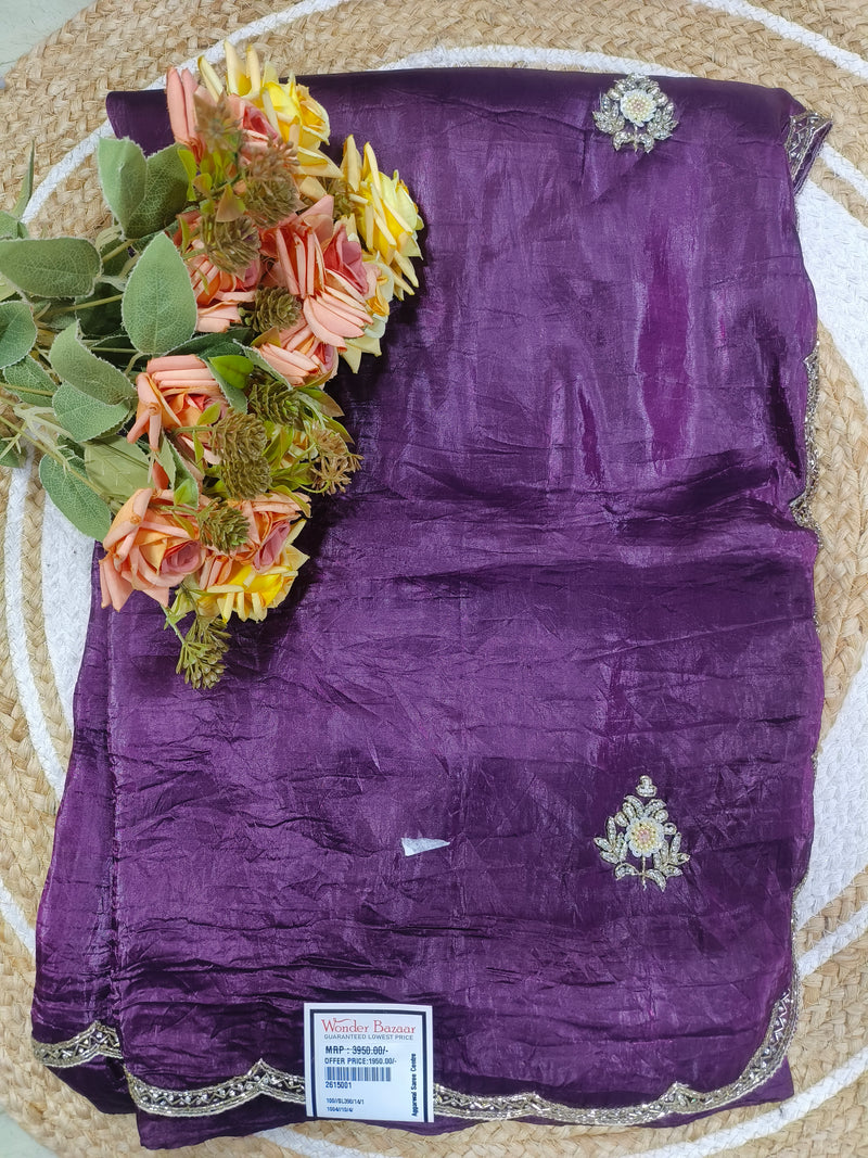 Regal Deep Purple Crushed Silk Saree with Elegant Embellishment