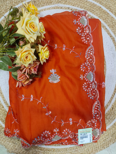 Vibrant Burnt Orange Chiffon Saree with Sequin Floral Work