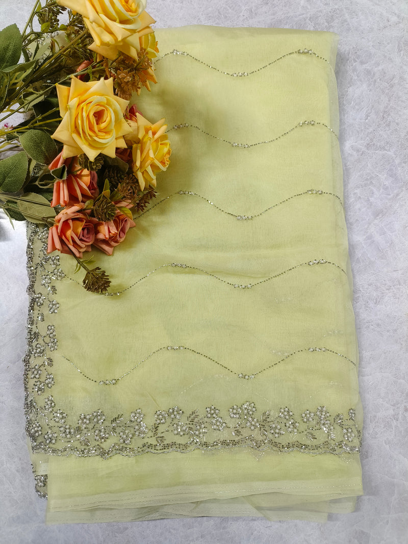 Classic Pastel Yellow Fancy Saree with Silver Bead Border