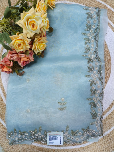 Regal Sky Blue Embellished Organza Saree with Silver Work