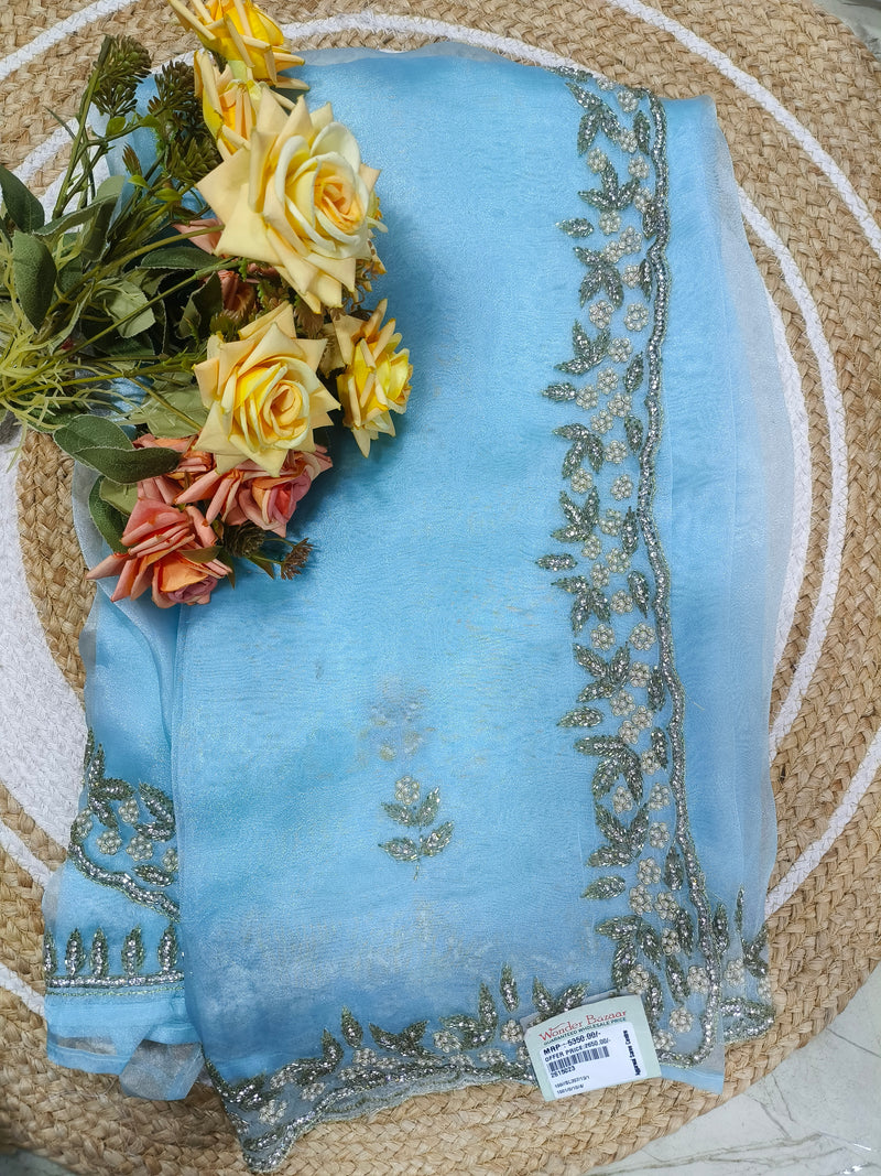 Regal Sky Blue Embellished Organza Saree with Silver Work