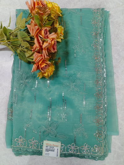 Glamorous Teal Green Sequin-Embellished Floral Saree