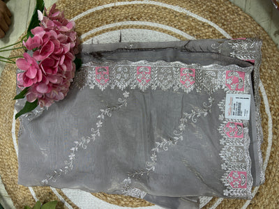Sophisticated Grey Embroidered Saree with Silver Trim