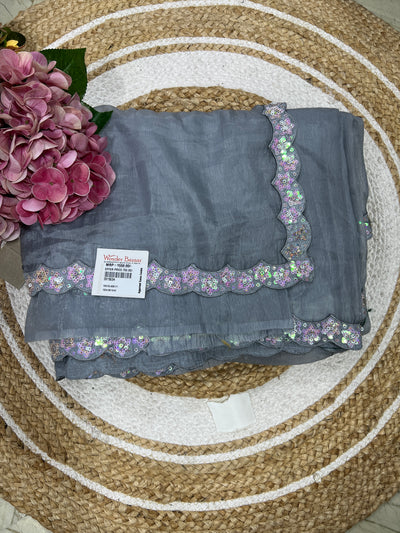 Sophisticated Grey Scalloped Border Fancy Saree