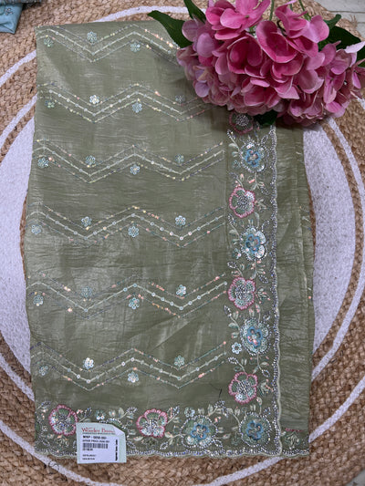 Olive Green Chevron Sequined Fancy Saree