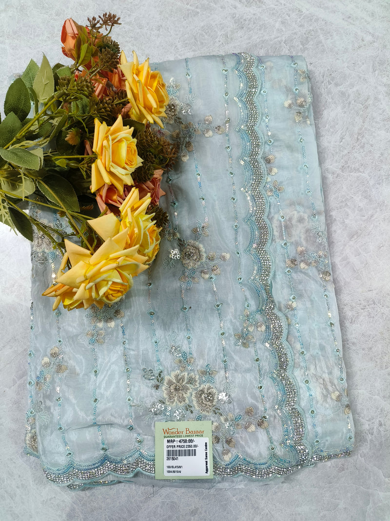 Graceful Sky Blue Organza Saree with Intricate Stone and Sequined Border