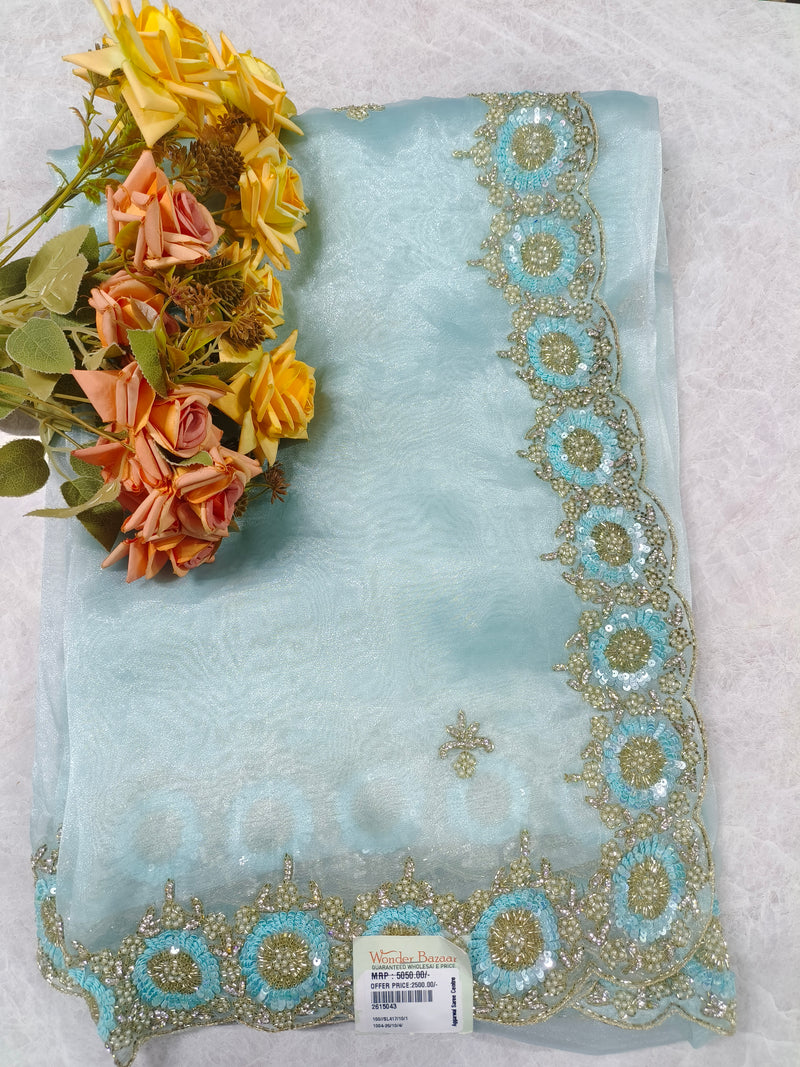 Chic Aqua Blue Shimmer Saree with Ornamental Circular Border Design