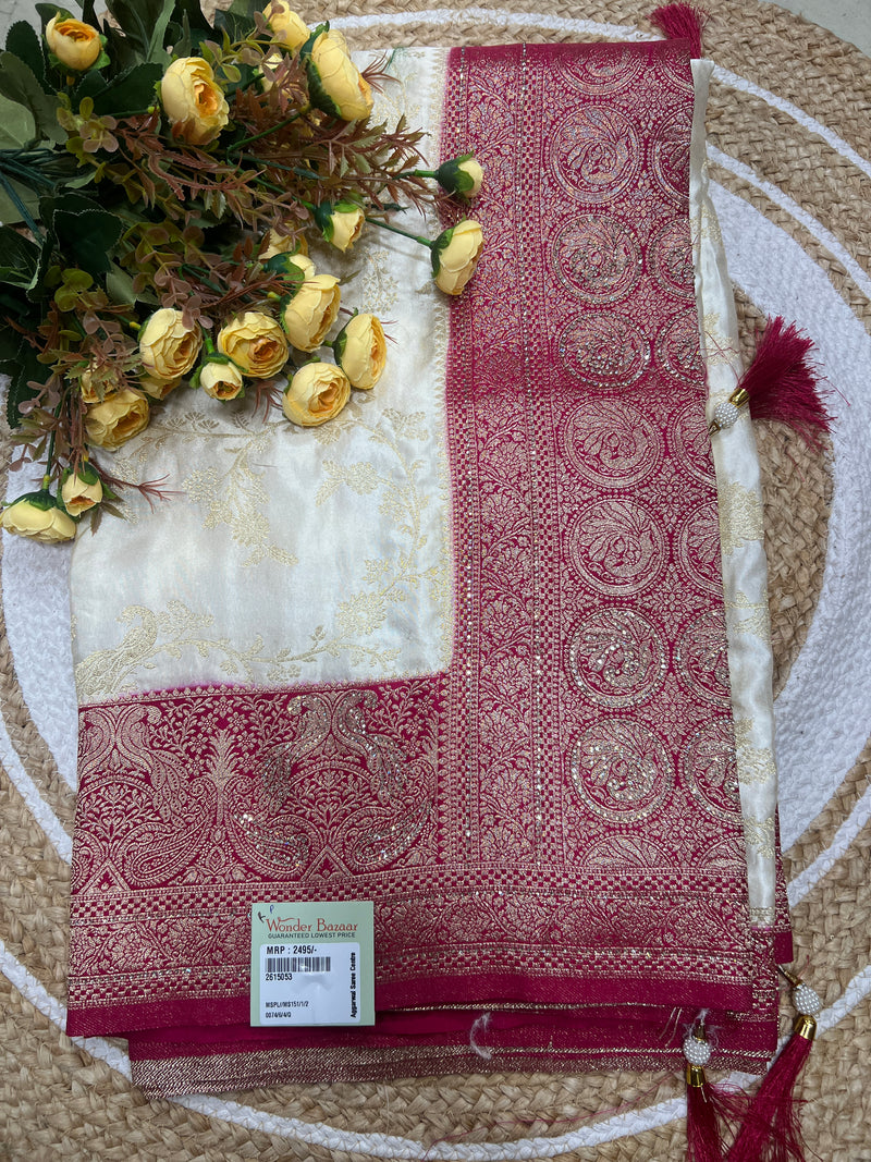 Prisinte Cream Silk Saree with Magenta Floral Zari Border