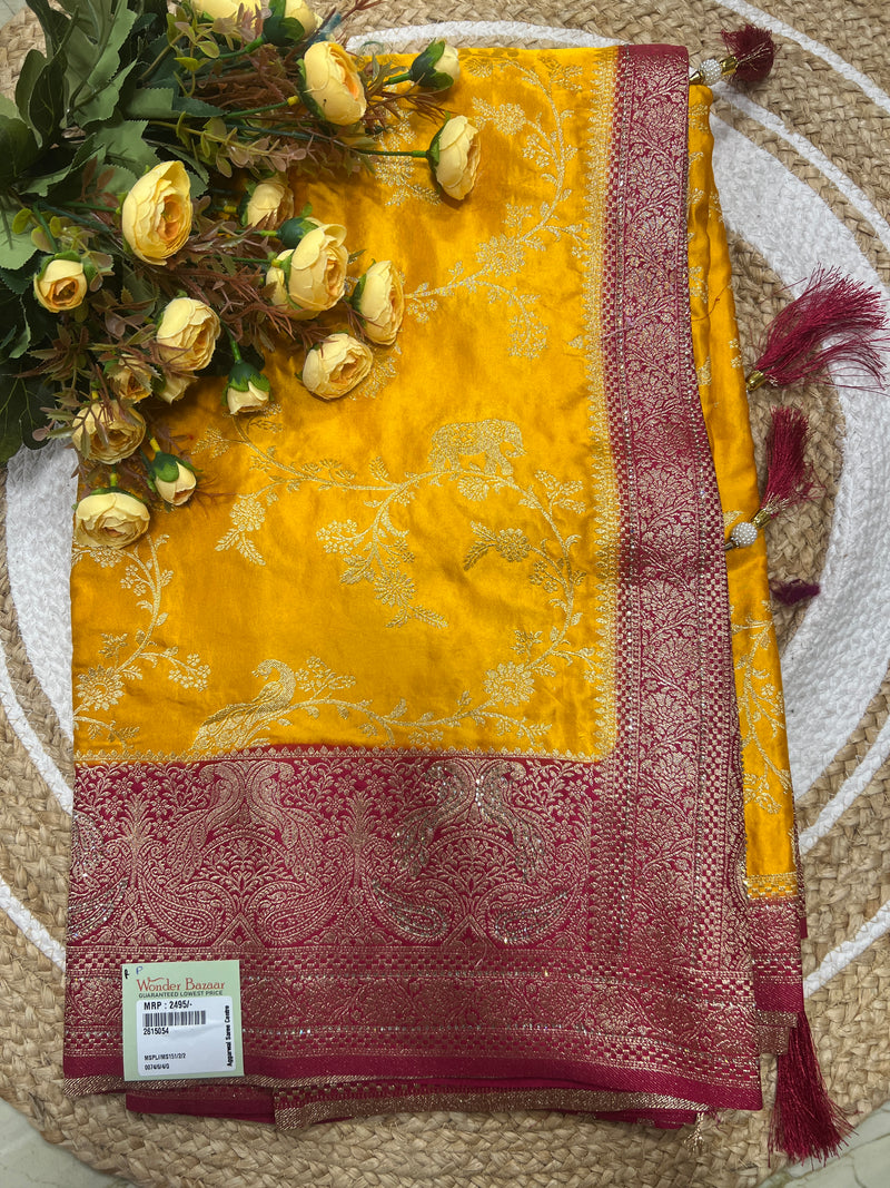Prisinte Cream Silk Saree with Magenta Floral Zari Border