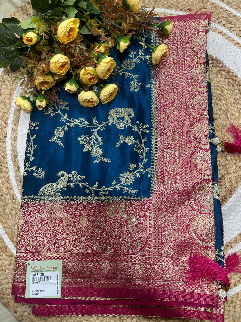 Prisinte Cream Silk Saree with Magenta Floral Zari Border