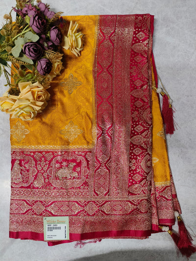 Sunshine Yellow & Red Silk Saree with Royal Animal Motif Borders