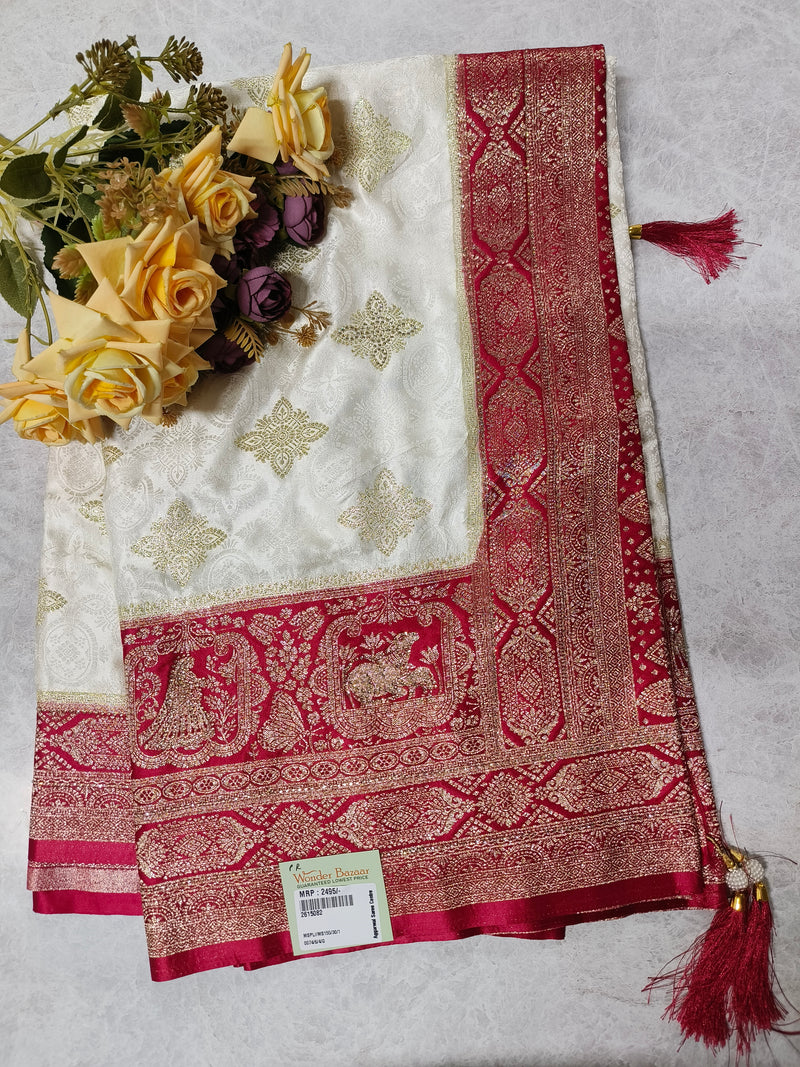 Sunshine Yellow & Red Silk Saree with Royal Animal Motif Borders