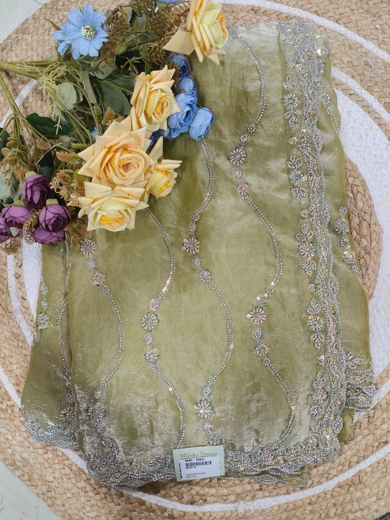 Enchanting Olive Green Organza Saree with Silver Sequin Wave Embroidery