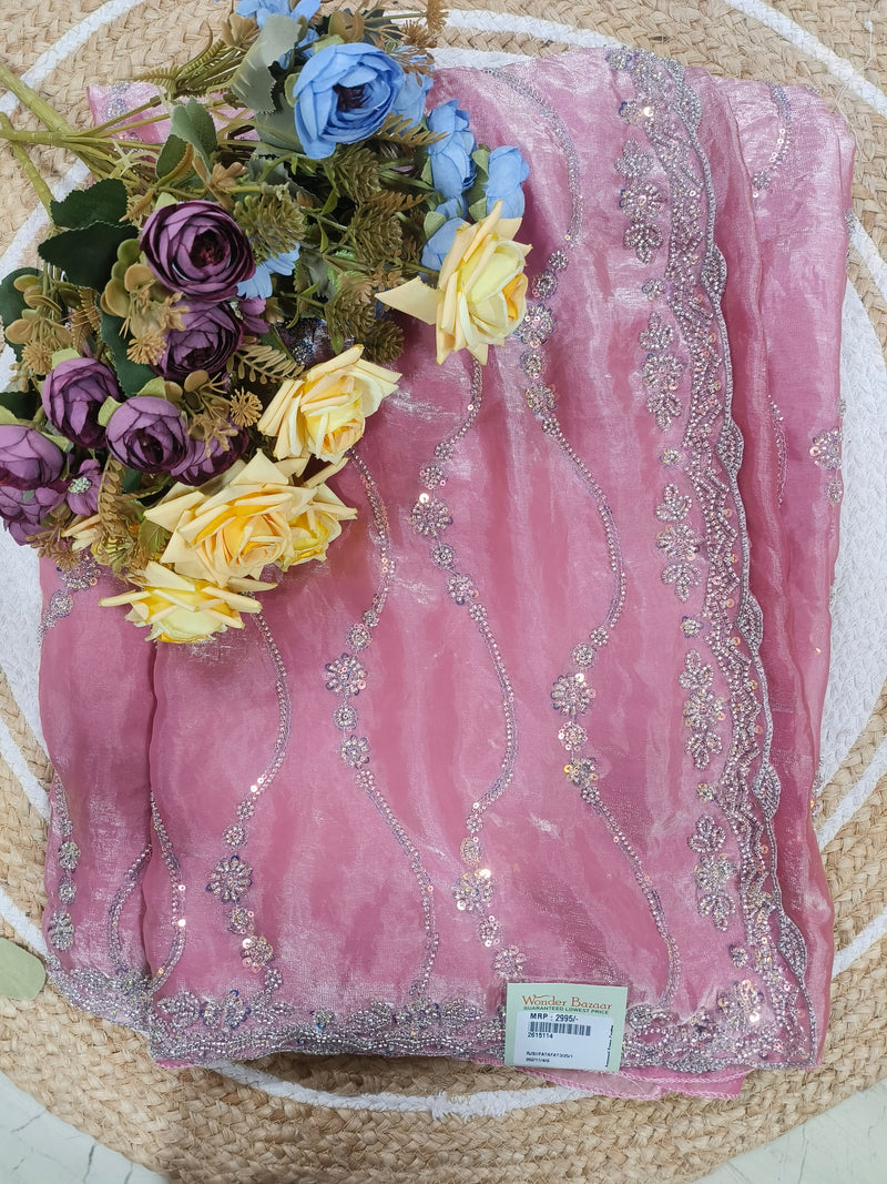Enchanting Olive Green Organza Saree with Silver Sequin Wave Embroidery