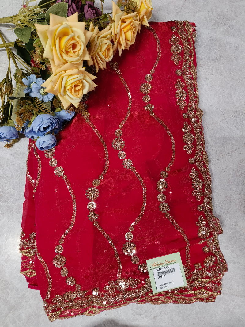 Vibrant Crimson Red Georgette Saree with Gold Sequin Wave Work