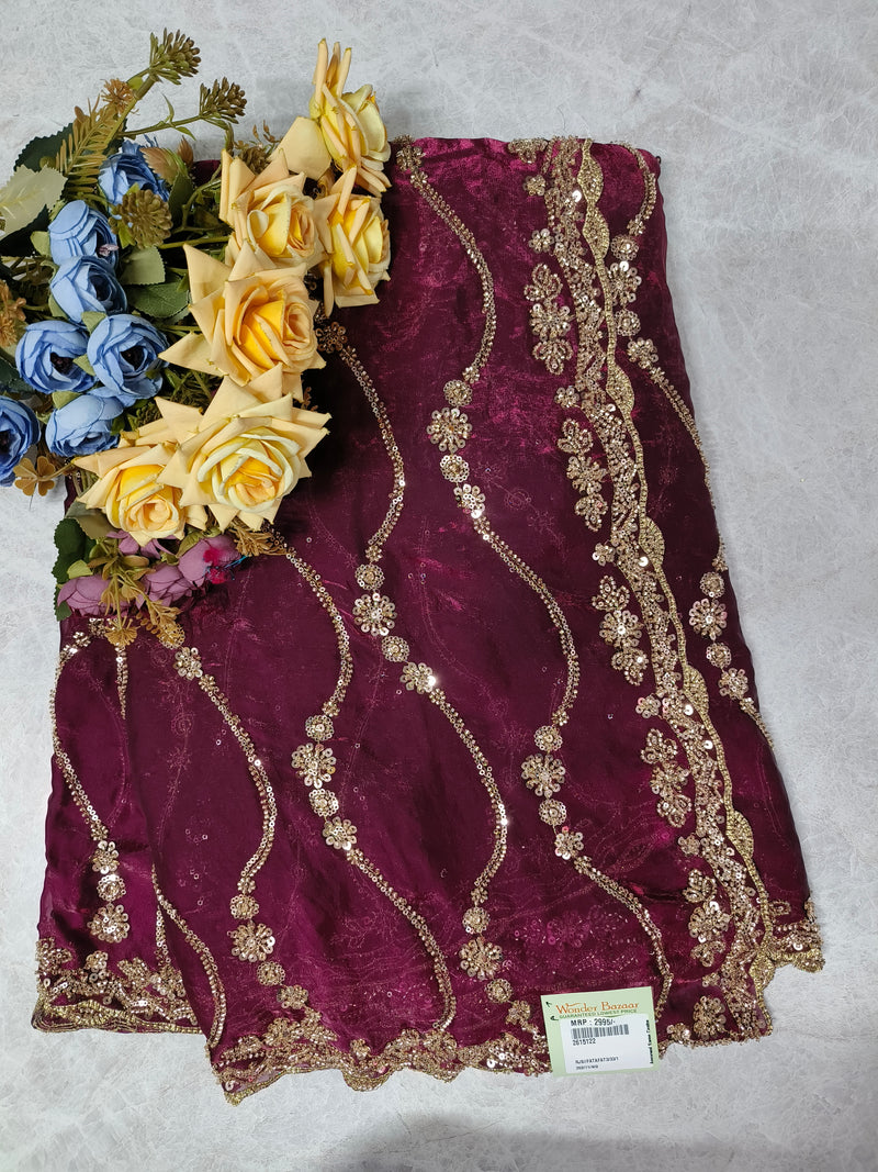 Vibrant Crimson Red Georgette Saree with Gold Sequin Wave Work