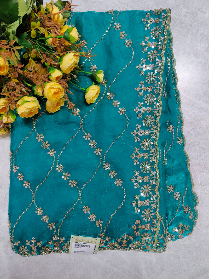 Royal Peacock Blue Georgette Saree with Gold Sequin Diamond Border