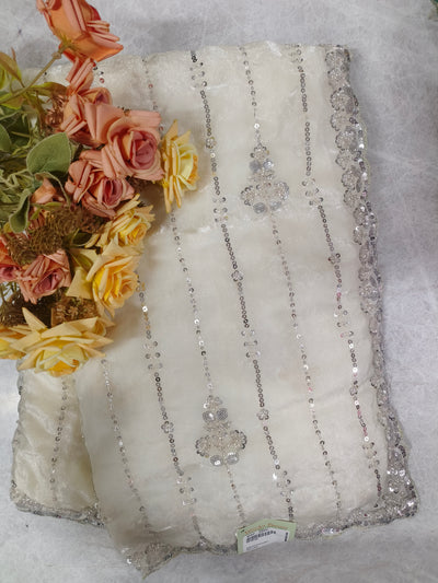 Stunning Pristine White Georgette Saree with Vertical Silver Sequin Stripes
