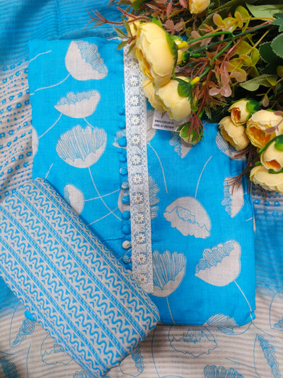 Sky Blue Floral Print Unstitched Cotton Suit Set with Lace Detailing