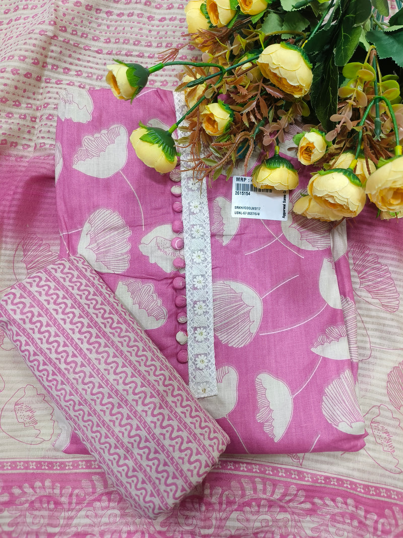 Sky Blue Floral Print Unstitched Cotton Suit Set with Lace Detailing