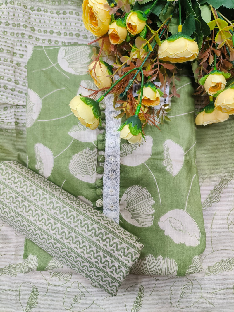 Sky Blue Floral Print Unstitched Cotton Suit Set with Lace Detailing