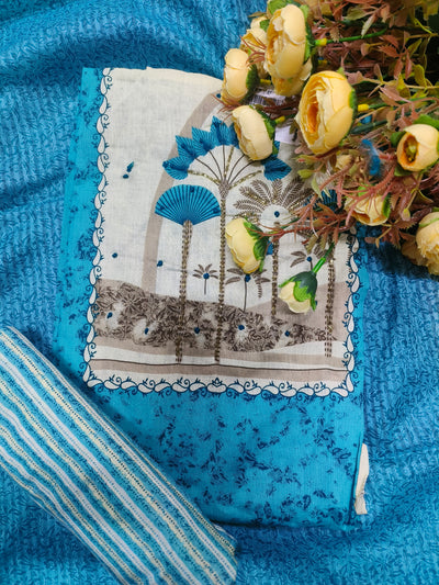 Elegant Cream and Blue Ethnic Print Unstitched Suit with Beadwork