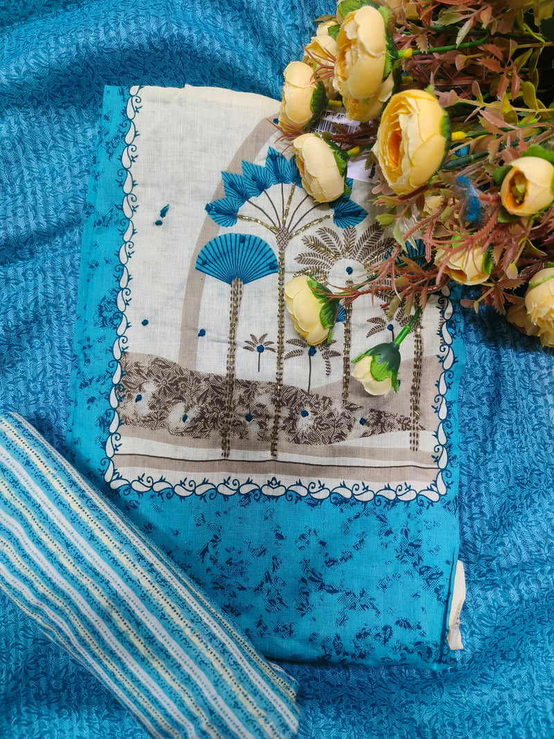 Elegant Cream and Blue Ethnic Print Unstitched Suit with Beadwork