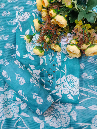 Charming Teal Blue Floral Cotton Unstitched Suit with Sequin Accents