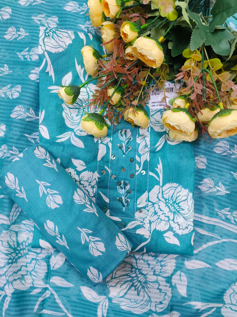 Charming Teal Blue Floral Cotton Unstitched Suit with Sequin Accents