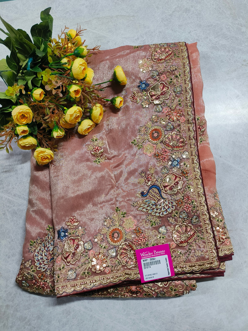 Ethereal Peach Shimmer Saree with Heavy Peacock Embroidery