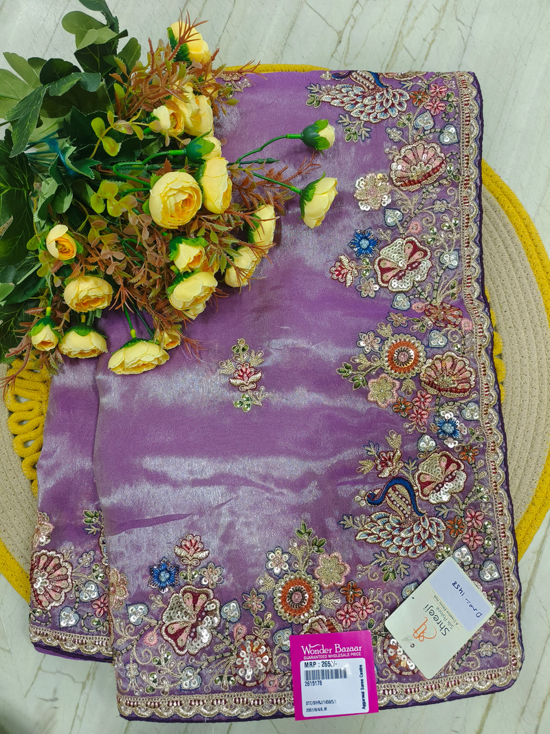 Ethereal Peach Shimmer Saree with Heavy Peacock Embroidery