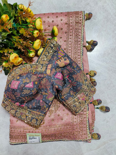 Sophisticated Peach Silk Saree with Contrast Embroidered Blouse