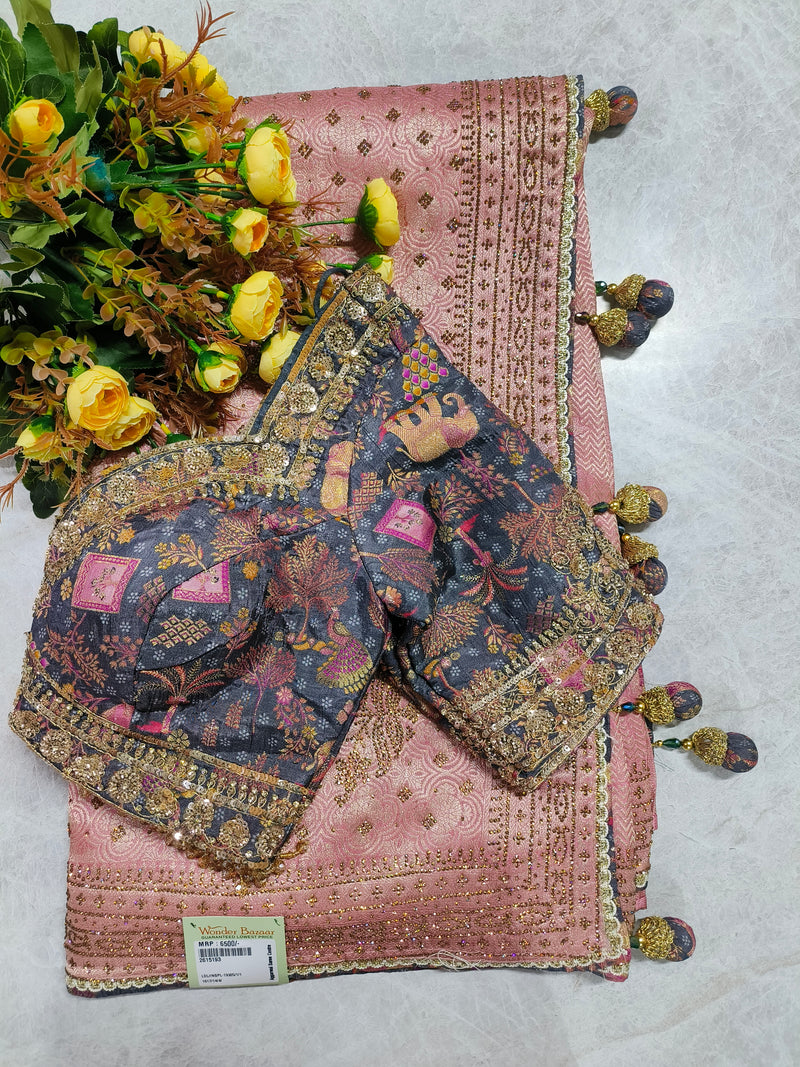 Sophisticated Peach Silk Saree with Contrast Embroidered Blouse