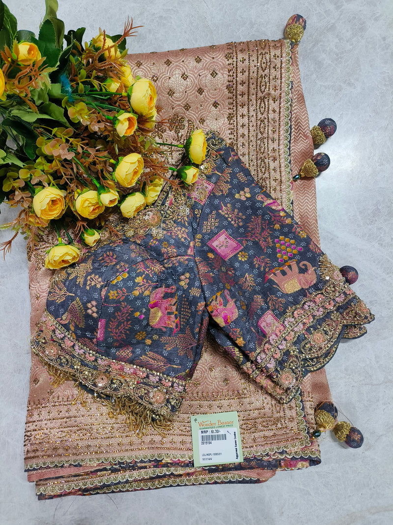 Sophisticated Peach Silk Saree with Contrast Embroidered Blouse
