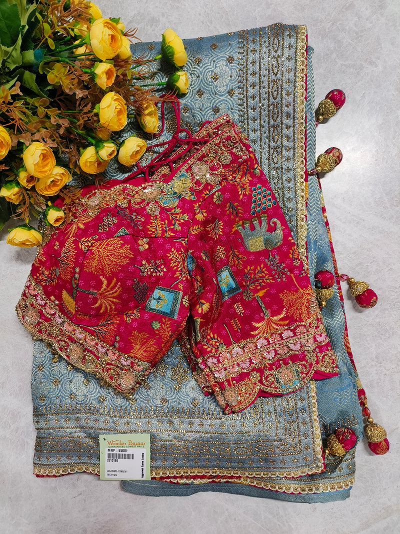 Sophisticated Peach Silk Saree with Contrast Embroidered Blouse