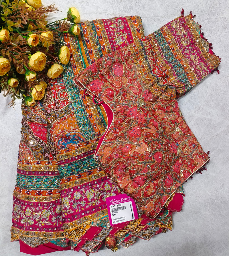 Vibrant Multi-Color Bridal Saree with Heavy Gold Zari and Sequins
