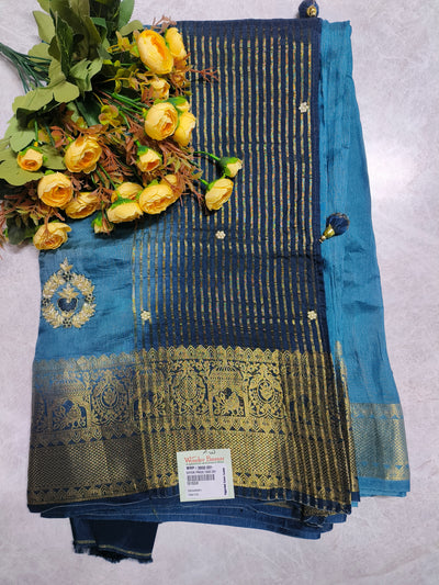Elegant Peacock Blue Chiffon Saree with Golden Zari Stripes and Tassels