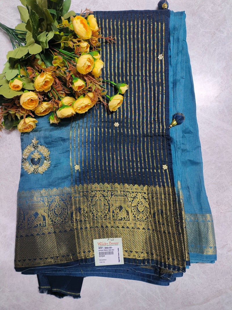 Elegant Peacock Blue Chiffon Saree with Golden Zari Stripes and Tassels