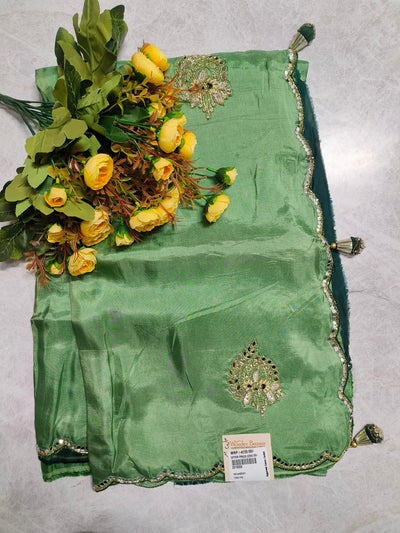 Serene Sage Green Silk Saree with Scalloped Mirror Work Border