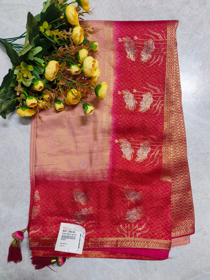 Exquisite Dual-Tone Peach and Red Silk Saree with Floral Zari Work