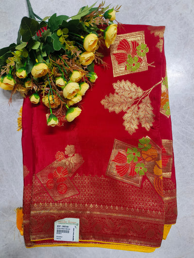 Vibrant Scarlet Red Silk Saree with Bold Woven Floral Patterns