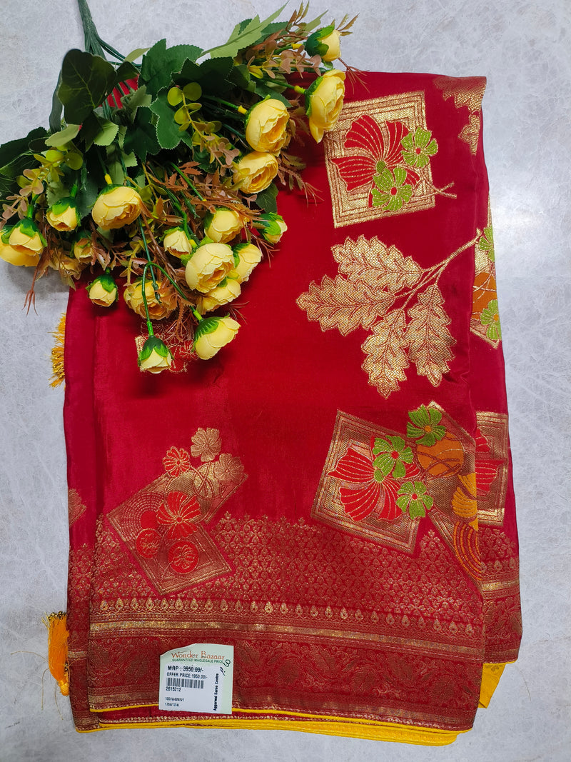 Vibrant Scarlet Red Silk Saree with Bold Woven Floral Patterns