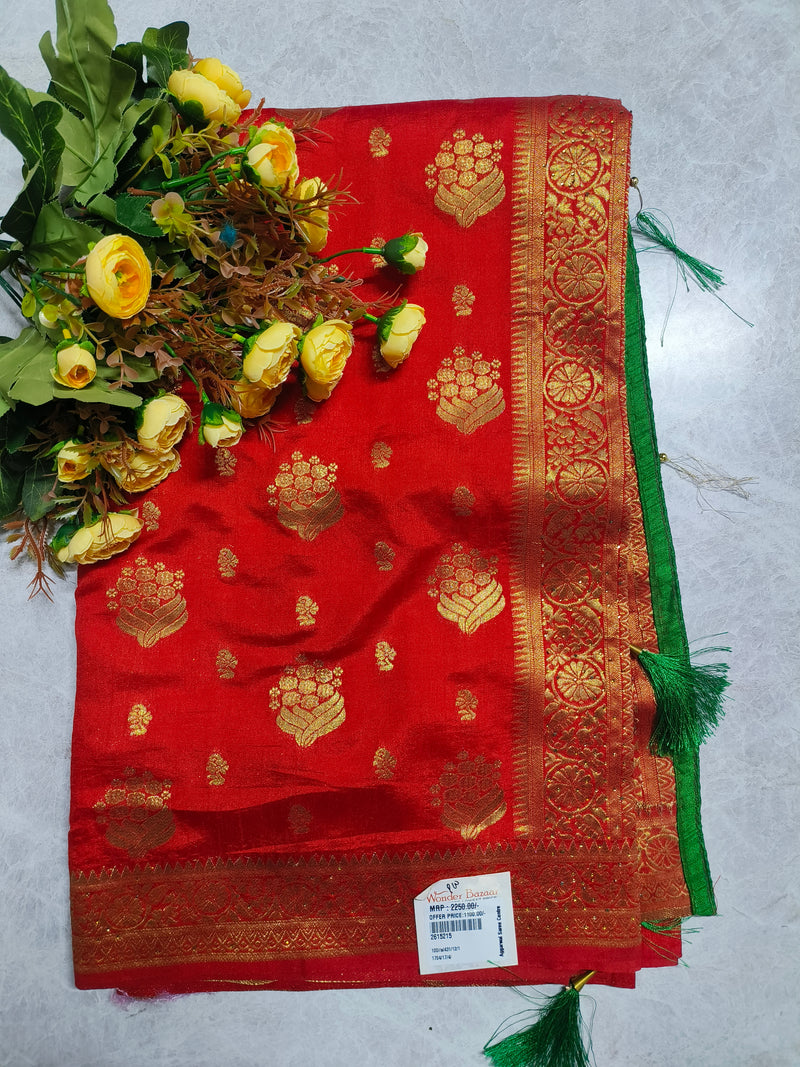 Radiant Red Art Silk Saree with Golden Floral Butta and Green Border