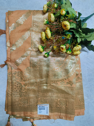 Sophisticated Peach Georgette Saree with Gold Zari Embroidery and Tassels