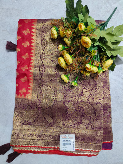 Regal Purple and Red Silk Saree with Golden Butterfly and Paisley Motifs