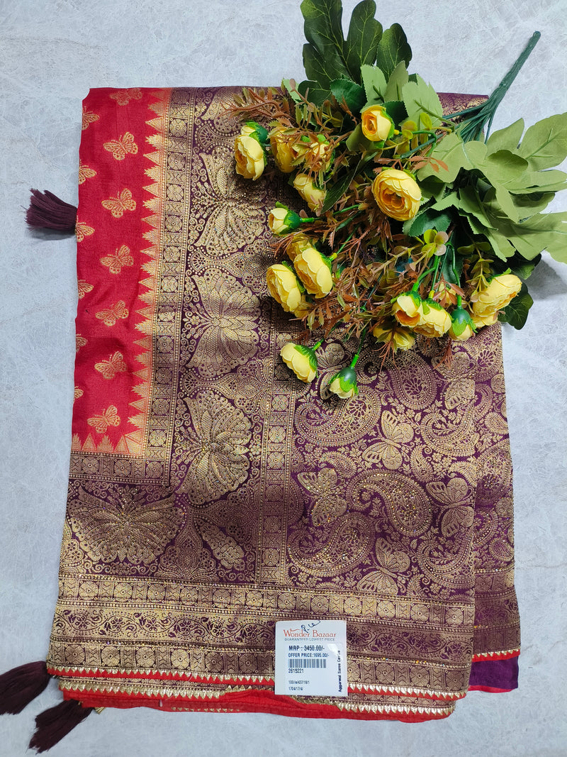 Regal Purple and Red Silk Saree with Golden Butterfly and Paisley Motifs
